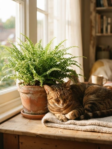 A sunlit interior scene with a healthy tabby cat resting peacefully next to a lush, vibrant Boston fern in a terracotta pot, soft morning window light, warm editorial 35mm photography