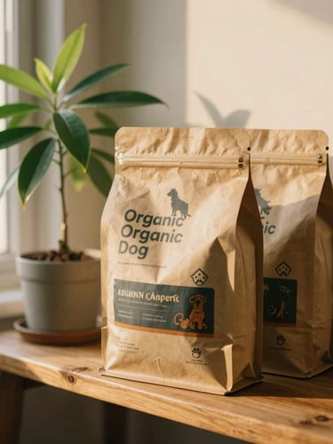 A close-up of beautifully packaged organic dog food in earthy paper bags sitting on a natural cedar wood shelf next to a small, thriving jade plant, soft golden-hour window light, warm editorial 35mm photography