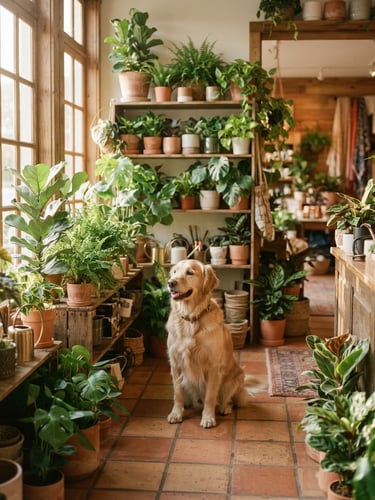 Warm editorial photography of a sunlit botanical boutique interior, soft golden-hour window light, lush non-toxic potted plants on wooden shelves, a happy dog sitting calmly on a terracotta tiled floor, shallow depth of field, 35mm.