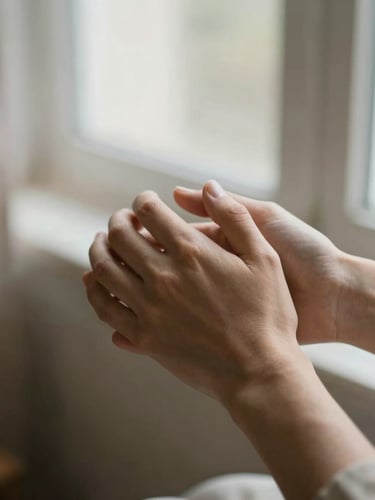 Close-up of two supportive hands clasped gently together, soft morning light filtering through a window, muted warm tones, shallow depth of field