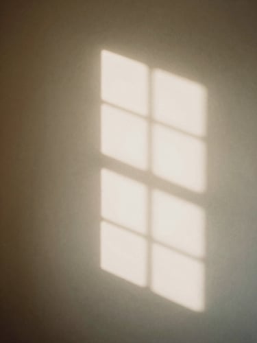 Soft diffused window light casting shadows on a warm plaster wall, quiet and peaceful atmosphere, 35mm photography