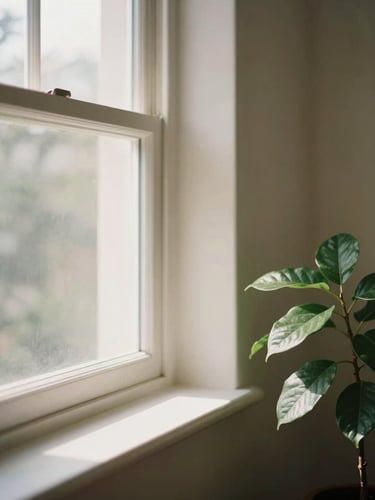Soft diffused natural light shining through a window onto a calm, clean interior with a green plant in the corner, warm peaceful atmosphere, 35mm photography