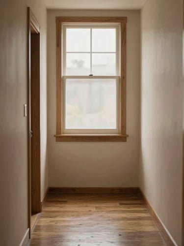 Soft diffused window light illuminating a quiet, peaceful wooden hallway, warm earthy tones, shallow depth of field, 35mm photography.
