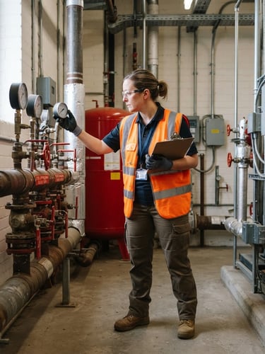 A technical fire safety inspector in a high-visibility vest examining industrial valves and pressure gauges in a brightly lit utility room, sharp focus, 35mm lens.