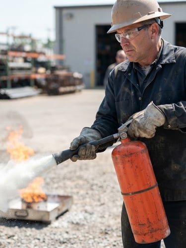 Close-up of a factory worker holding a heavy safety-orange fire extinguisher, spraying a controlled training flame outdoors, bright daylight, sharp focus, 35mm lens