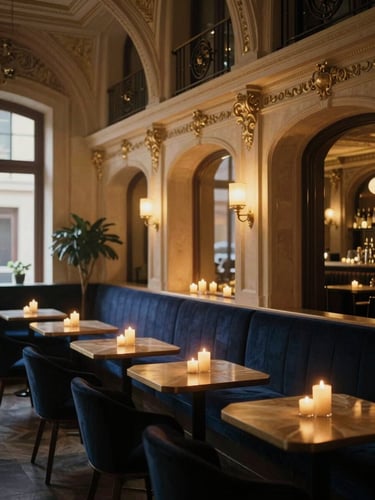 Cinematic warm candlelit hotel lounge in Clermont-Ferrand, elegant architectural details, soft golden hour glow, luxury travel style, 35mm film.