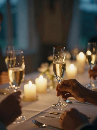 Cinematic 35mm photography of a candlelit table in a prestigious Auvergne estate, soft focus on hands holding champagne flutes, warm golden hour light, elegant evening ambiance
