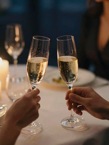 Elegant close-up of two people holding champagne flutes at a candlelit table, soft focus, warm golden hour lighting, refined evening attire, luxury editorial style