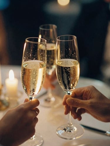 Close-up of hands holding champagne flutes at a candlelit table, warm golden hour, elegant evening ambiance, luxury editorial, 35mm film.