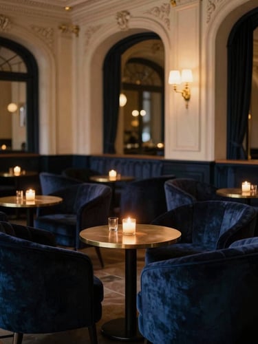 Atmospheric editorial shot of an elegant private hotel lounge in Clermont-Ferrand, soft velvet armchairs in low warm light, architectural details, quiet luxury feel