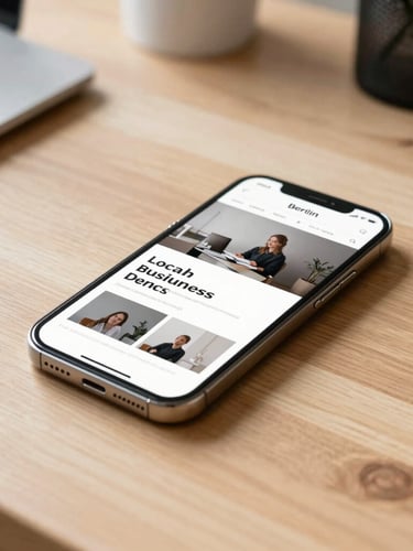 Straight-on close-up of a clean wooden desk in a Berlin studio, a modern smartphone showing a fast-loading local business website, bright natural morning light, minimal office background.