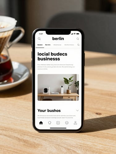 Straight-on clean mockup of a modern local business website displayed on a sleek mobile phone, resting on a light oak table next to a fresh cup of filter coffee, bright natural Berlin daylight.