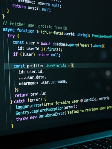 Macro close-up of a dark-mode IDE screen showing clean, high-contrast TypeScript code snippets with neon electric blue and green syntax highlighting, shallow depth of field