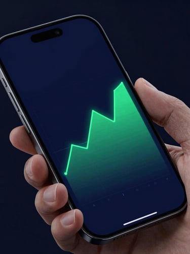 Macro close-up of a hand holding a sleek mobile phone displaying a high-fidelity dark-mode interface with neon green graphs, sharp focus, dark background