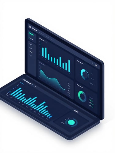 Isometric high-fidelity UI mockup of a dark-mode business admin dashboard, neon blue data visualizations, clean charts, deep shadows, sleek tech photography