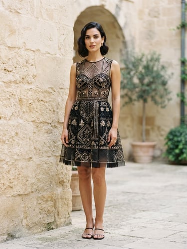 Editorial medium-close shot of a model wearing a structured mesh embroidered dress in a minimalist stone courtyard, soft natural daylight, sharp focus