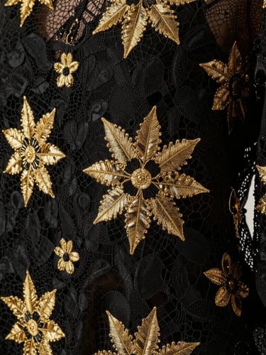 Close-up of intricate gold embroidery on premium black lace fabric, diffused studio strobes, elegant high-contrast details
