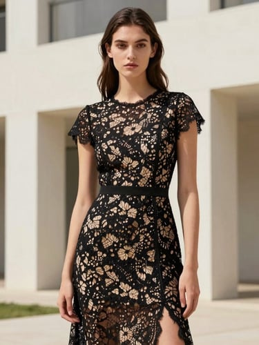 Editorial fashion photography of a model wearing a premium lace party dress, modern architectural background, soft natural daylight