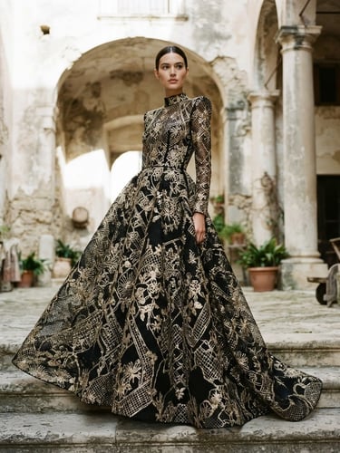 Editorial fashion wide shot of model wearing structured mesh embroidered gown, soft natural daylight, high-contrast black and gold tones, 35mm
