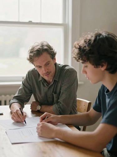 A wide environmental portrait of a mentor and a student discussing a project at a wooden table, warm natural window light, authentic candid moment.