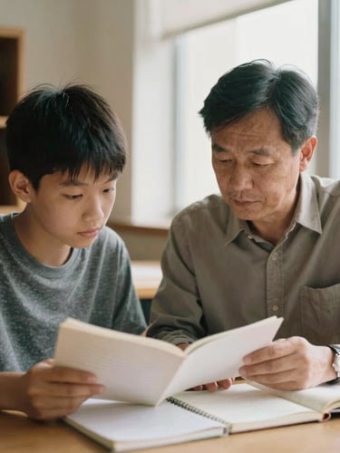 A mentor and a young adult student looking over notebook pages together in a sunlit public library, soft natural light, authentic candid documentary.