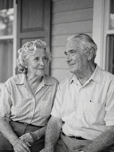 A warm, historical black-and-white medium portrait of an elderly couple sitting together on a porch in soft, indirect natural daylight, authentic human connection, 35mm film grain style