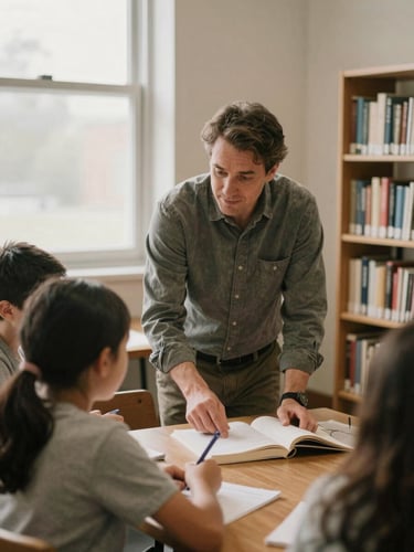 Warm environmental portrait of a community mentor guiding a student in a sunlit local library, natural window light, soft muted earth tones, 35mm film grain