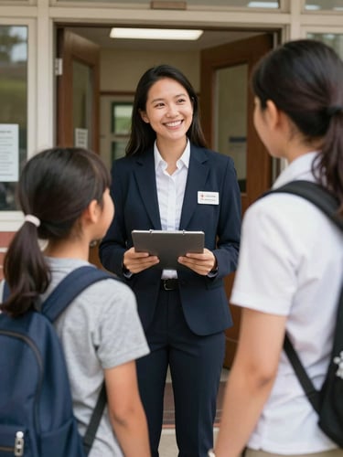 Candid medium shot of a parent and child being greeted by a smiling admissions officer at the school entrance, warm natural light, professional framing