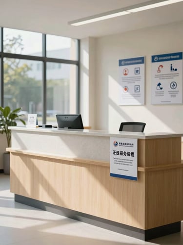 A clean, modern campus reception and security desk with clear safety signage, bright natural lighting, and a professional, welcoming atmosphere.