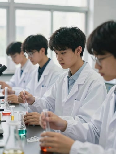 Candid medium shot of high school students in white lab coats conducting a chemistry experiment under bright window light, focused expressions, modern laboratory equipment.