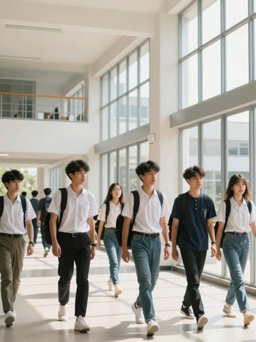 Candid wide shot of students walking through a bright, modern school corridor with natural daylight streaming through tall glass windows, clean architectural lines.