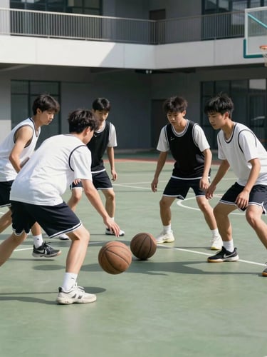 Candid shot of students in sports uniforms collaborating during a basketball drill on a clean, modern outdoor court under bright daylight.