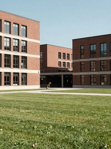 Wide environmental shot of modern campus architecture, showcasing clean brick lines, large windows, and open green spaces in bright daylight.