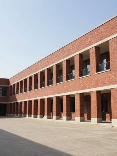 Wide environmental shot of the modern brick campus architecture of Panchsheel Public School, bright natural daylight, clean geometric lines, generous negative space on the left.