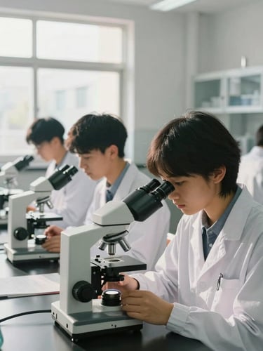 Candid medium shot of high school students in a modern science laboratory, focused on an experiment with microscopes, bright natural daylight streaming through large windows.