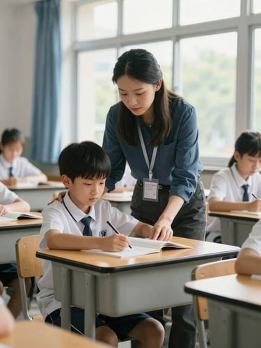 Candid medium shot of a teacher guiding a student over a wooden desk, bright natural daylight streaming through a large classroom window.