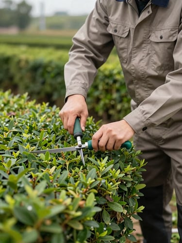 Professional gardener in clean branded workwear making a precise cut on a healthy hedge, soft overcast daylight, focus on hands and tool, rich green foliage, no face visible.