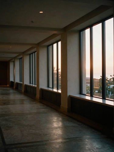 Elegant, empty hotel corridor at a luxury resort, soft golden hour light filtering from large windows, architectural lines, muted deep tones.