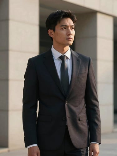 A professional advisor in a dark tailored suit, looking thoughtfully off-camera, soft natural side lighting, clean architectural background