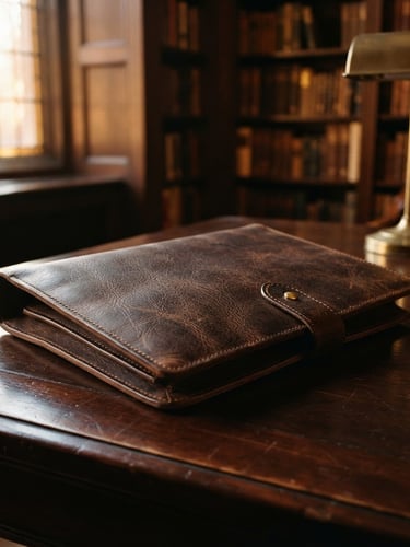 A close-up of a leather-bound portfolio resting on a dark mahogany desk, soft golden hour light streaming through a library window, quiet luxury atmosphere