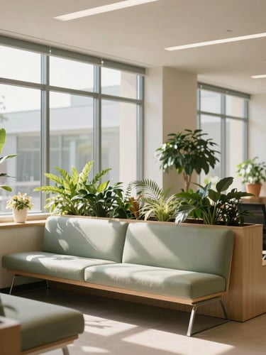 Warm architectural editorial photography, bright plants-filled medical coworking waiting room with soft natural daylight streaming through large windows, 35mm lens