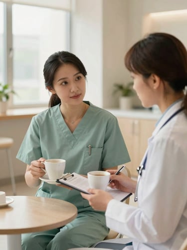 Warm editorial photography, medium shot of two healthcare professionals discussing a case over coffee in a bright, modern medical clinic, soft natural daylight, 35mm lens