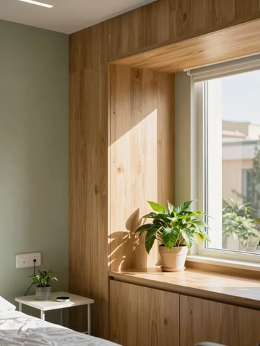 Architectural detail of a bright, sunlit medical consultation room in Madrid, warm oak wood accents, lush green plants, soft natural daylight streaming through a large window, calm sage and sand tones, warm editorial photography, 35mm lens.