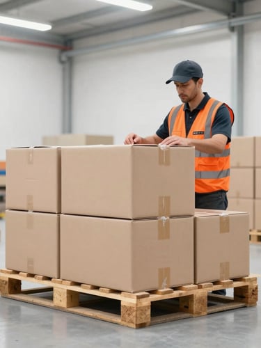 Clean industrial photography of a bright high-key warehouse interior, a worker in a safety vest inspecting consolidated boxes on a wooden pallet, sharp focus, 35mm