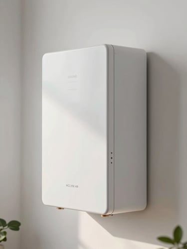 Close-up of a modern home battery storage unit mounted on a white interior wall beside a consumer unit, soft diffused daylight from a nearby window, clean domestic setting, no people