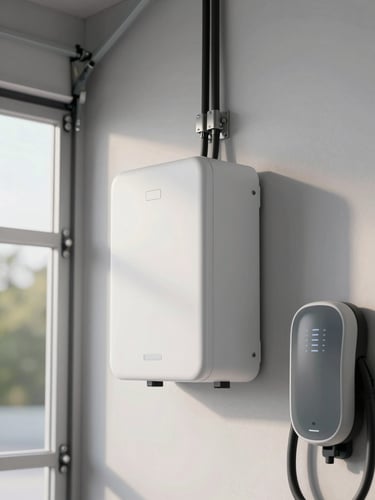 Close-up of a sleek white home battery storage unit mounted on a rendered interior garage wall, soft diffused daylight coming through a nearby window, wiring neatly clipped to the wall, a wall-mounted EV charger visible to the lower right edge of the frame