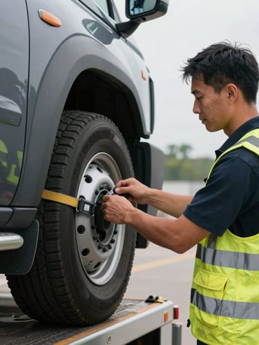Close-up shot of a professional tow truck operator in high-visibility safety gear securing a wheel-strap hookup on a modern vehicle, clean setup, overcast daylight.