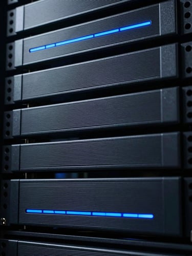 Extreme close-up of high-density optical storage units with cool blue accent lighting, in a dark server rack, brutalist sci-fi photography, high-contrast shadows.