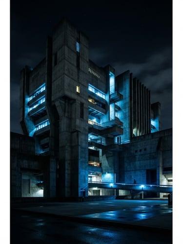 High-contrast portrait of a brutalist research facility, sharp blue accent lighting, dark cinematic sci-fi photography, 35mm lens, low horizon