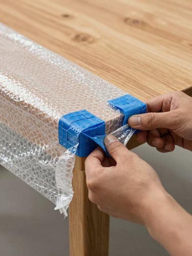 Close-up of professional moving hands wrapping a wooden table corner with thick double-layer bubble wrap and blue corner protectors, bright daylight.